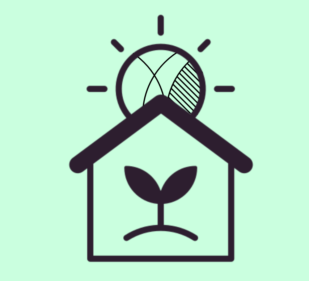 Light green background with a house in the middle which inside has a plant, and a sun the back of the image